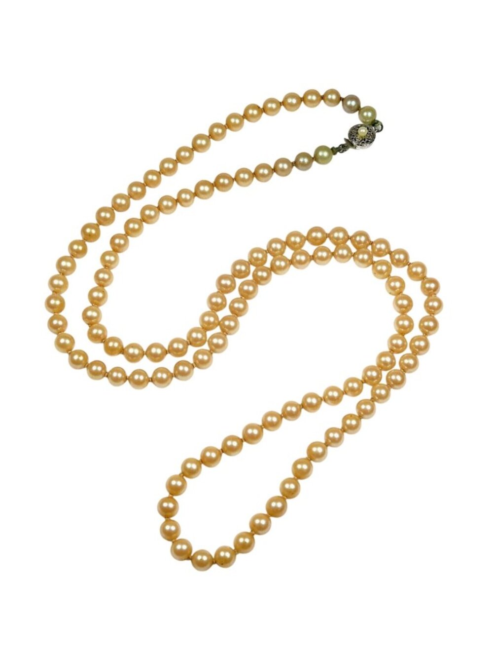 Prestige Opera Hand Knotted Faux Pearl Necklace Vintage 1960s Silver Clasp